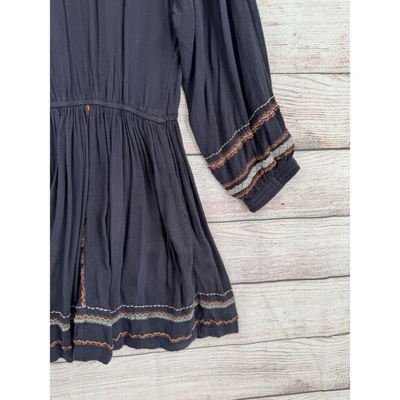 Free People Faux Wrap V-Neck Embroidered Mini Dress Women's Medium Black - Picture 13 of 13